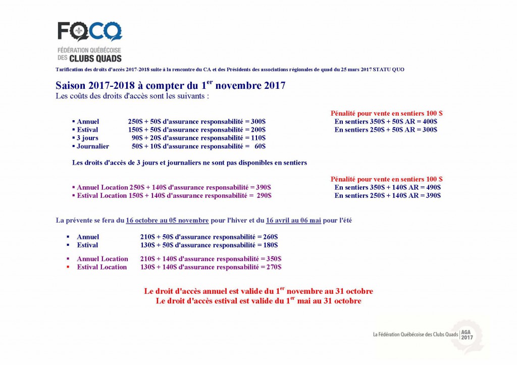 TARIFICATION DROITS D'ACCÈS 2017-2018